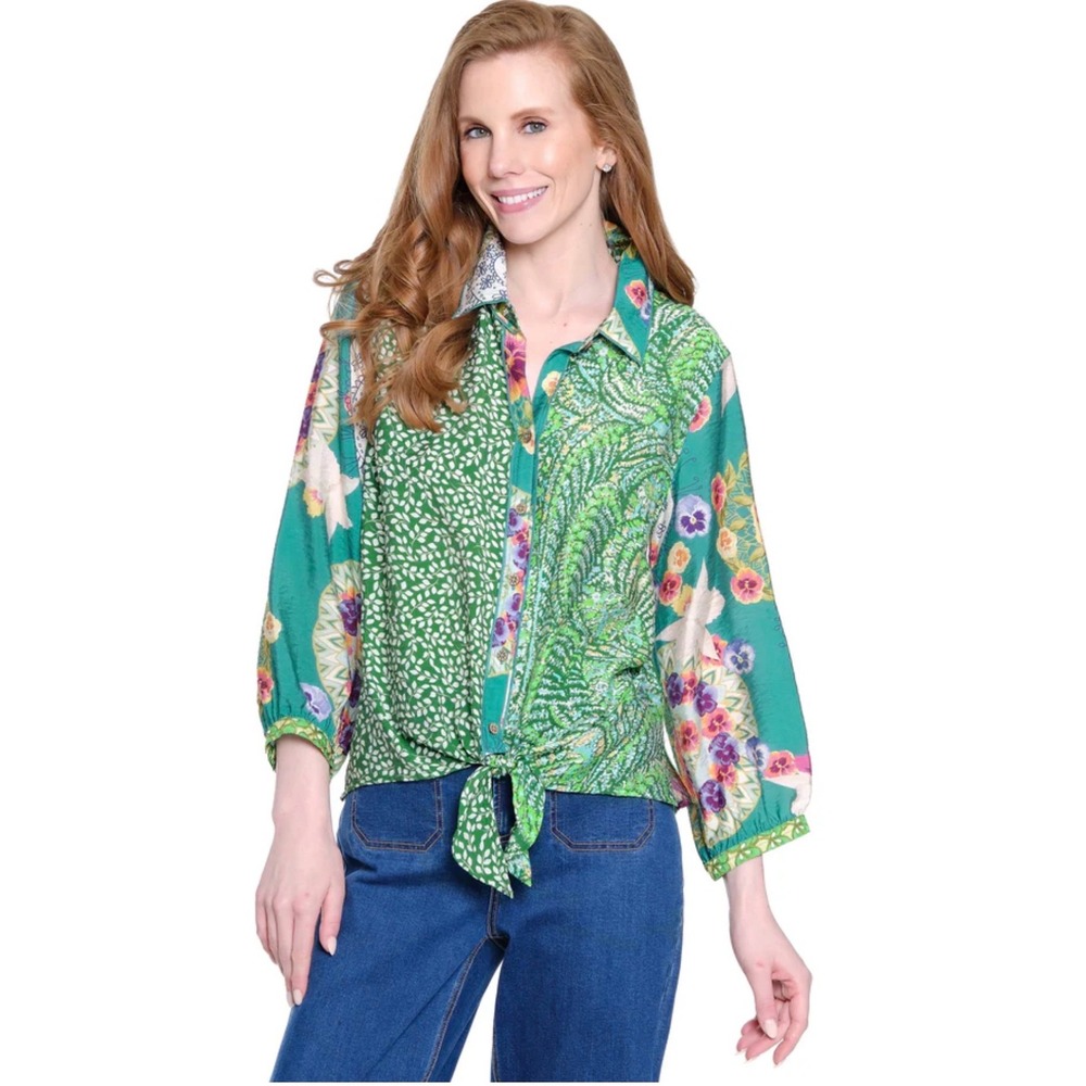 JOHN MARK Patchwork Mixed Print Button Down Shirt… - image 1